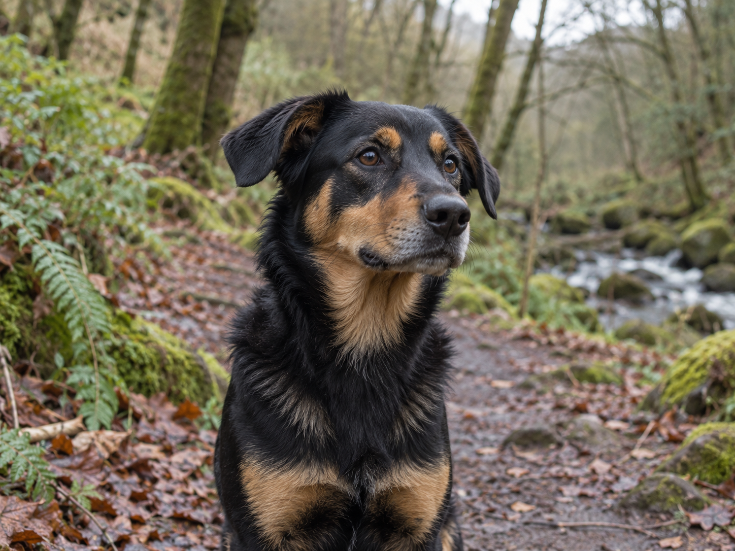 A calm dog resting outdoors